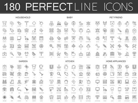 180 Modern Thin Line Icons Set Of Household, Baby, Pet Friend, Garden, Kitchen, Home Appliances.