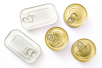 Cans of preserves isolated on white background.Top view