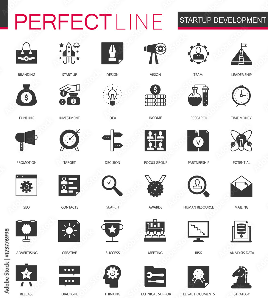 Poster black classic startup business and development icons set for web