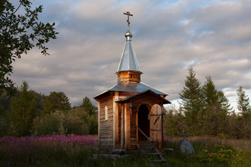 Chapel on the site of the former city of Zashiversk. The Indigirka river, Sakha Republic, Russia.