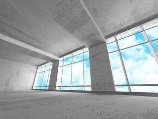 Concrete room wall construction on cloudy sky background