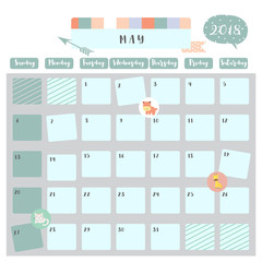 Colorful cute May 2018 calendar with hippopotamus,cat and giraffe