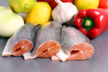 preparation: river trout and vegetables with copy space