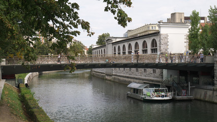 Fototapeta na wymiar bridge of lovers with locks on rails of the Ljubljanica River
