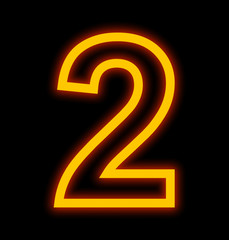 number 2 neon lights outlined isolated on black
