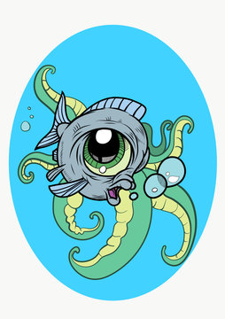 A funny Fish with bubbles and tentacles in cartoon style. Vector Illustration