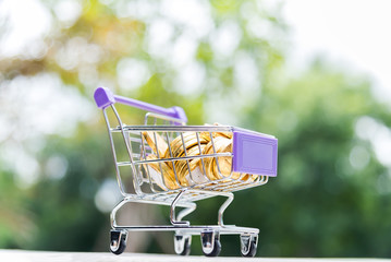 shopping cart filled with gold coins on wooden table.