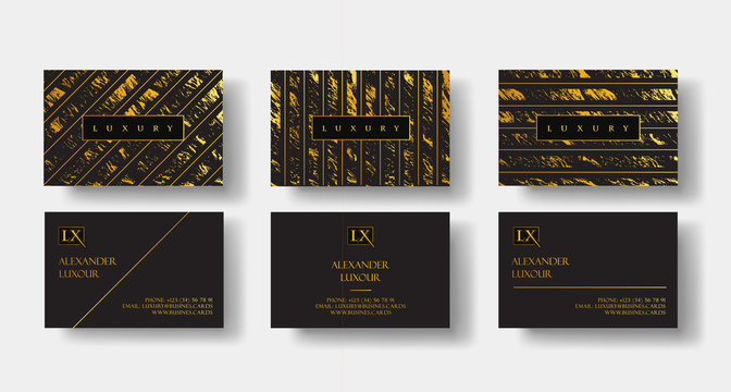 Elegant black luxury business cards Set with marble texture and gold detail vector template, banner or invitation with golden foil details. Branding and identity graphic design