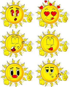 Cartoon sun with hands in rocker pose. Collection with various facial expressions. Vector set.