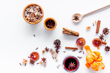 Celebrate new year winter evening with hot drink. Mulled wine or grog ingredients. White background...
