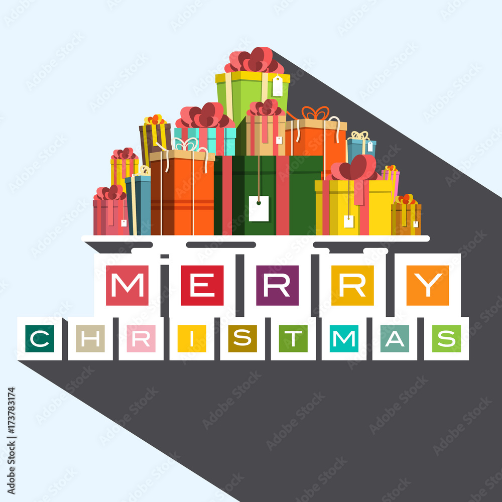 Sticker Merry Christmas. Colorful Title with Many Gift Boxes. Vector Xmas Card.