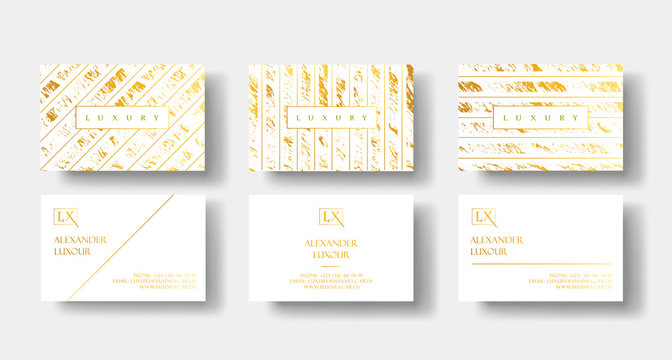 Elegant white and gold luxury business cards Set with marble texture and gold detail vector template, banner or invitation with golden foil details. Branding and identity graphic design