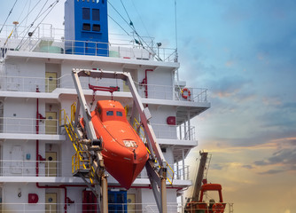 Life boat station at afterward/stern of cargo vessel.