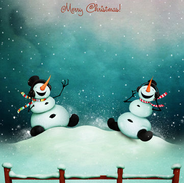 Winter holiday greeting card with two cheerful snowman singing  song. 