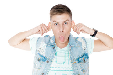 Naklejka premium young man in denim isolated white background