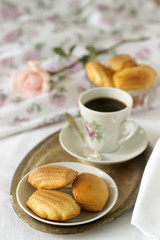 Madeleine, served with coffee. Traditional French pastries. Romantic breakfast. Style ryustik, selective focus.