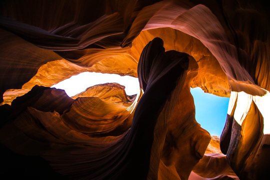 Low angle view of sandstone rock formations in Antelope Canyon, Arizona