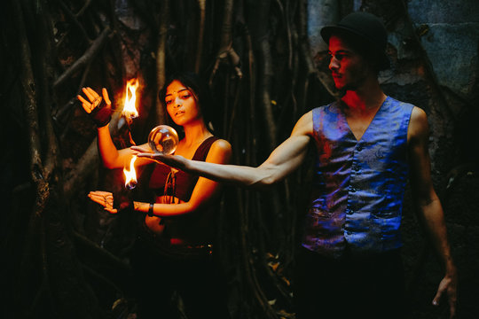 Fire performers in ruins