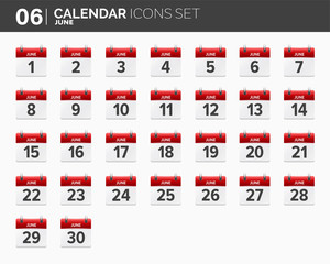 June. Calendar icons set. Date and time. 2018 year.