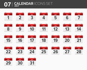 July. Calendar icons set. Date and time. 2018 year.