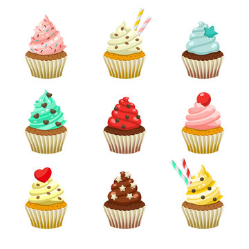 Vector icon set of yummy colored cupcakes. Collection of different flavours and kinds