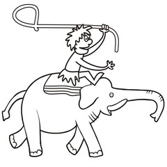 Elephant and hunter, vector icon, coloring page