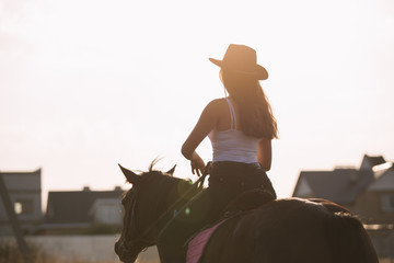 Beautiful young cowgirl riding her horse in field