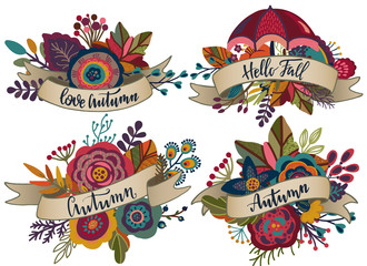 Four vector autumn bouquets with ribbons, lettering phrases.