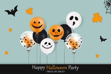 Happy Halloween. Holiday concept with halloween balloons, falling leaves, halloween spider, halloween bat for banner, poster, greeting card, party invitation. vector illustration.