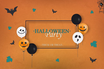 Happy Halloween. Holiday concept with halloween balloons, falling leaves, halloween spider, halloween bat for banner, poster, greeting card, party invitation. vector illustration.