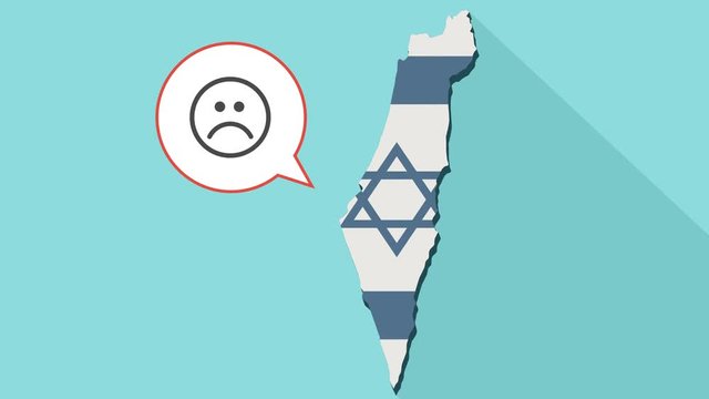 Animation of a long shadow Israel map with its flag and a comic balloon with sad emoji face