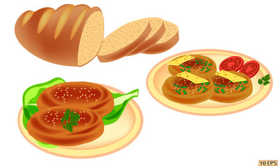 Meat rissole. Cutlet. Cutlet in the plate. Steak. Cutlet with bread.  Meatball fried. Meat and bread. American food. Burger with beef steak. Fried meat rissole.  Fried cutlet.  Vector illustration.