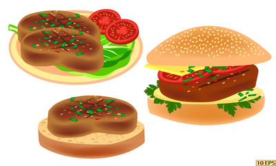 Meat rissole. Cutlet. Cutlet in the plate. Steak. Cutlet with bread.  Meatball fried. Meat and bread. American food. Burger with beef steak. Fried meat rissole.  Fried cutlet.  Vector illustration.