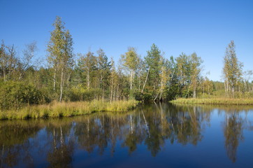 Fototapeta na wymiar Autumn landscape with river at Sunny day