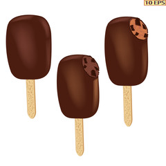 Classic Ice cream on a stick. Vector ice cream. Sundae. Chocolate ice cream. Sundae drizzled with chocolate. Dessert. The ice cream in chocolate with nuts. Sundae caramel. Vector illustration.