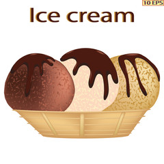 Classic ice cream. Chocolate ice cream. Sundae bowl and Ice cream balls with chocolate. Dessert. Ice caramel cream drizzled with chocolate. Vector illustration.