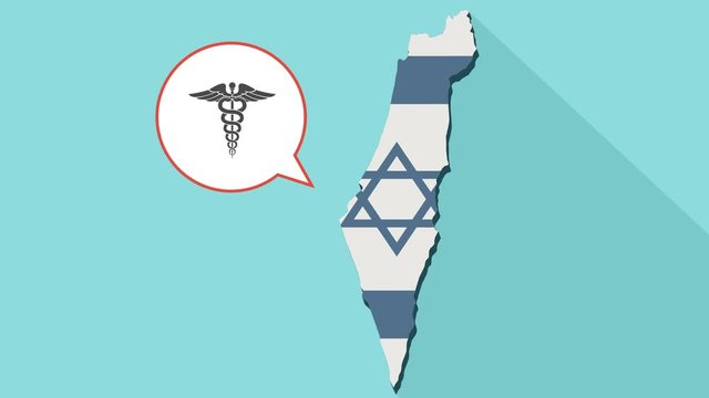 Animation of a long shadow Israel map with its flag and a comic balloon with a medical symbol