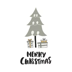 Türaufkleber Frohe Weihnachten - einzigartige handgezeichnete Weihnachtskarte mit Schriftzug, Geschenkboxen und Neujahrsbaum. Weihnachtscliparts. © Oksana Stepova