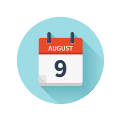 August 9. Vector flat daily calendar icon. Date and time, day, month 2018. Holiday. Season.