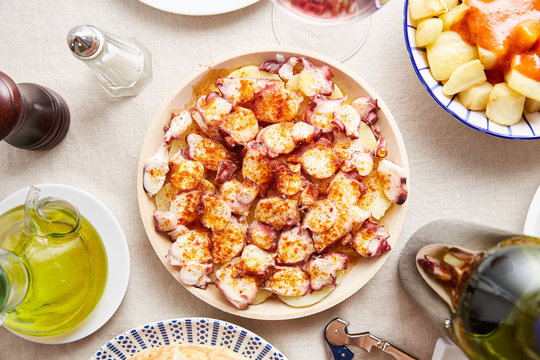 Homemade spanish dish with octopus,smoked paprika and potato