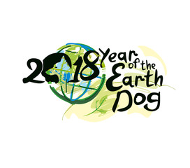 Year of the Dog. 2018. Handwritten template with a dog profile on a background of planet earth.