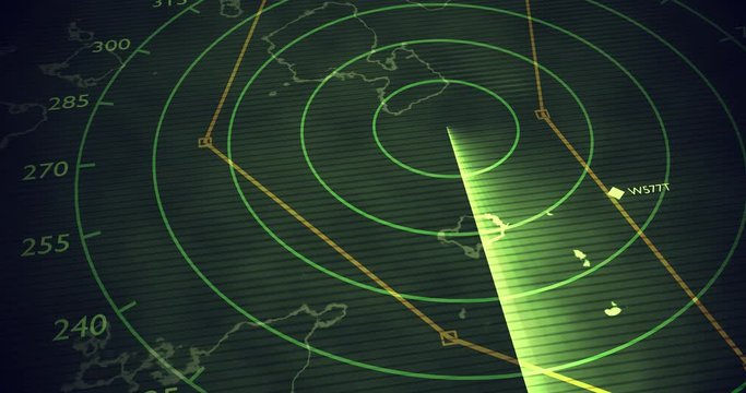 Military radar screen is scanning air traffic. 3D rendered seamless looping animation.