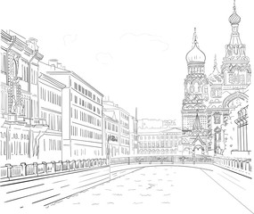 Vector image of hand-drawn black-and-white drawing of the waterfront buildings in the historic center of St. Petersburg. Walk around famous church of the Savior on Spilled Blood in Russia.
