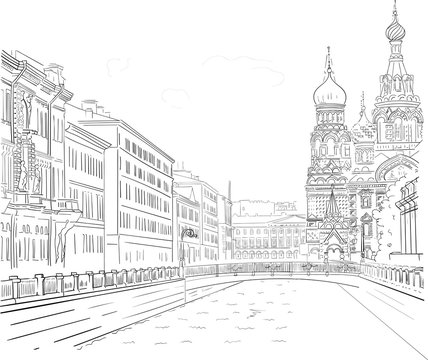 Vector image of hand-drawn black-and-white drawing of the waterfront buildings in the historic center of St. Petersburg. Walk around famous church of the Savior on Spilled Blood in Russia.