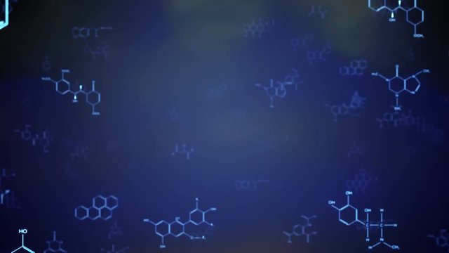 Chemistry concept. Flight through chemical molecules and formulas. 3D rendered seamless looping animation.