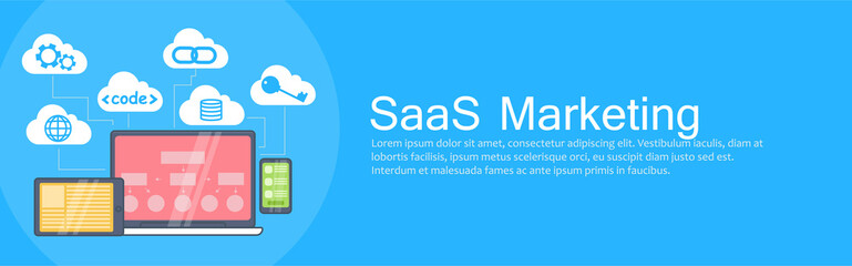 SaaS Marketing Banner. Laptop, tablet and phone, cloud storage with icons