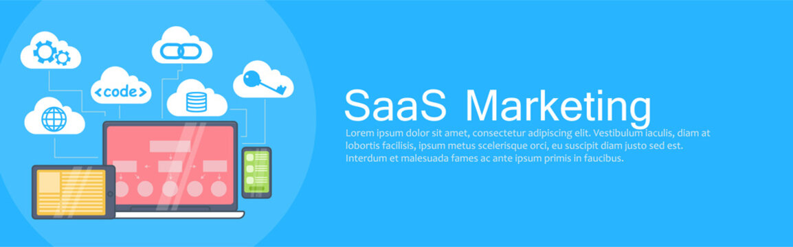 SaaS Marketing Banner. Laptop, Tablet And Phone, Cloud Storage With Icons