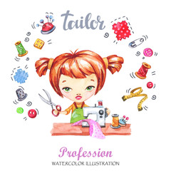Hand drawn illustration. Watercolor card young girl with sewing machine and tools. Profession Tailor. Can be printed on T-shirts, bags, posters, invitations, cards.