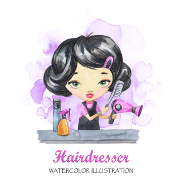 Hand drawn illustration. Watercolor card young girl with hairdryer and comb. Profession Hairdresser. Can be printed on T-shirts, bags, posters, invitations, cards, phone cases.
