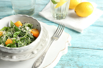 Plate with superfood salad on table